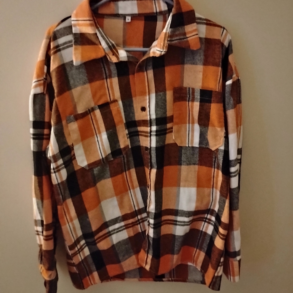 Old Navy Orange and Black Plaid Shirt